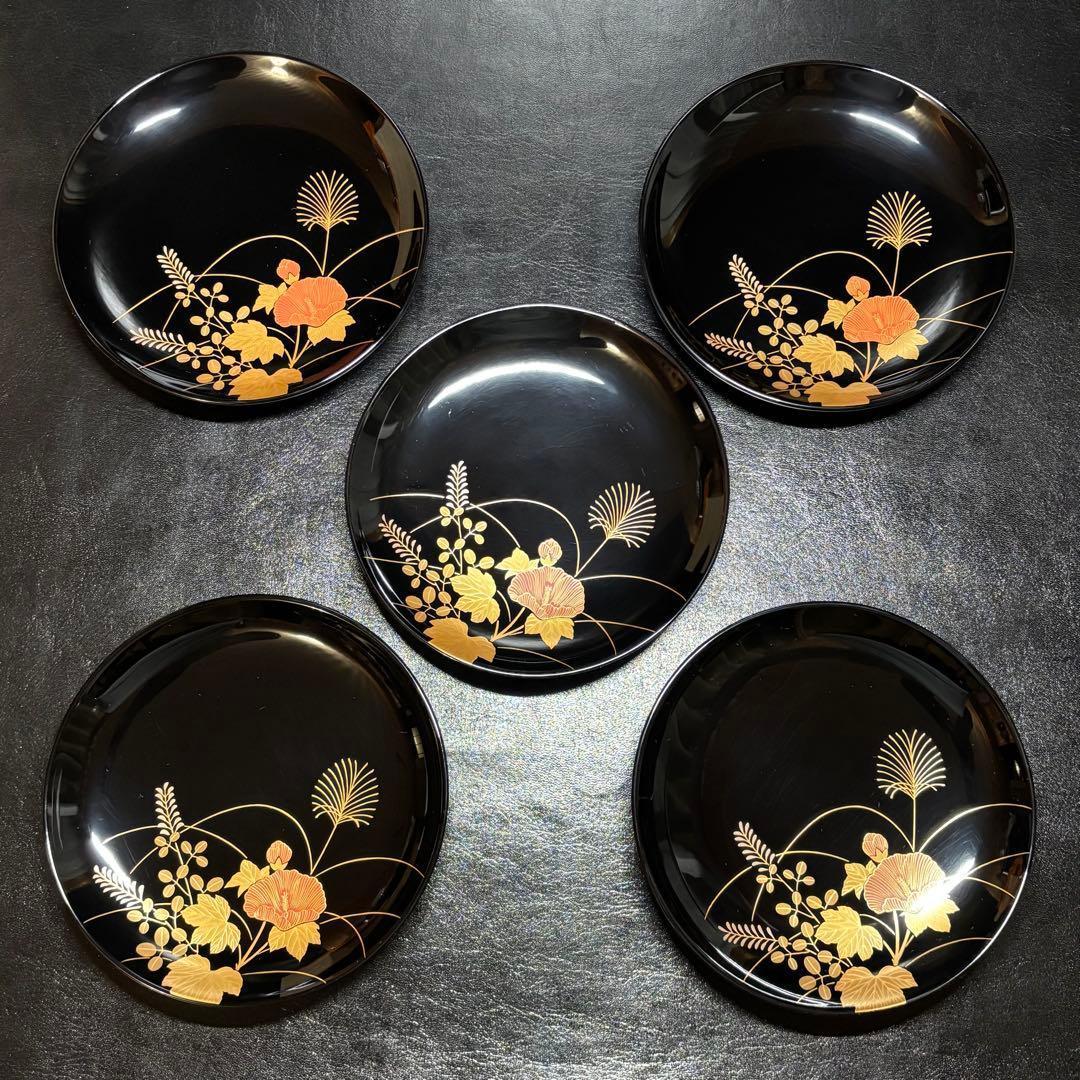 か*ん様 ★輪島塗！蒔絵付 輪島屋 銘々皿 五客！『輪島屋造』！共箱！★