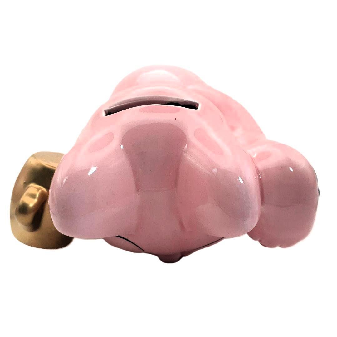 096　レア　瀬戸焼　小槌招き猫 ピンク色　左手上げ　陶器置物　高さ約１５cm