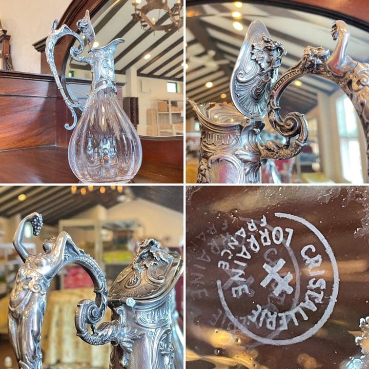 フランス 彫刻デキャンタ 厚みあるクリスタルに芸術的シルバー装飾 重1,214g