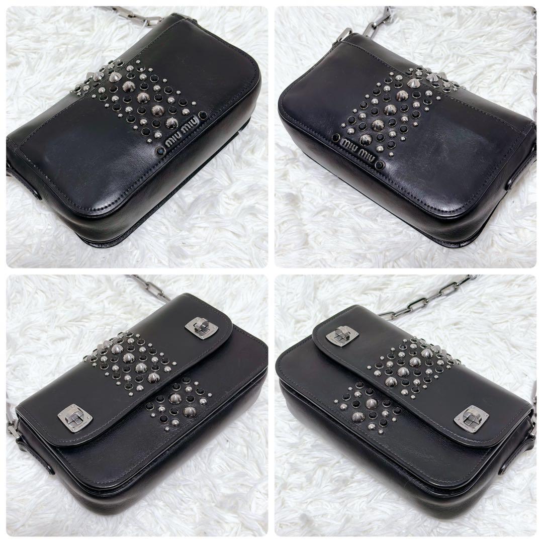 ミュウミュウ ショルダーバッグ チェーン スタッズ シルバー金具 レザー 黒