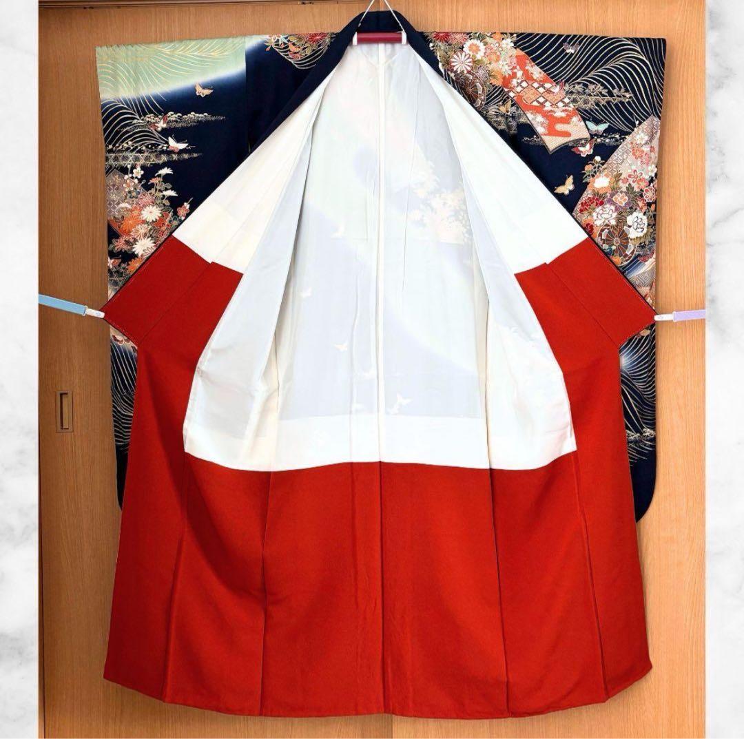 美品 振袖 フルセット 身丈155 正絹 刺繍衿 ネイビー 紺