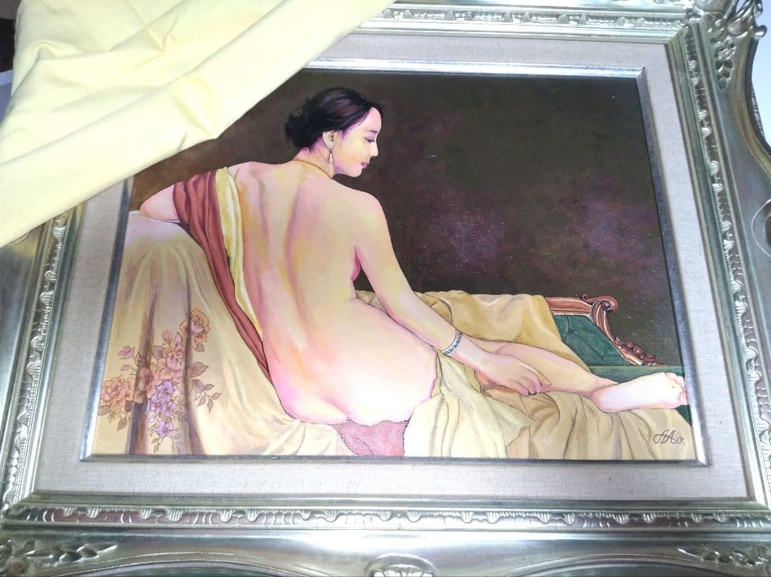 森本草介、絵画、美人画、油彩６号、裸婦、憩いの時、高級額縁、肉筆、高塚省吾。