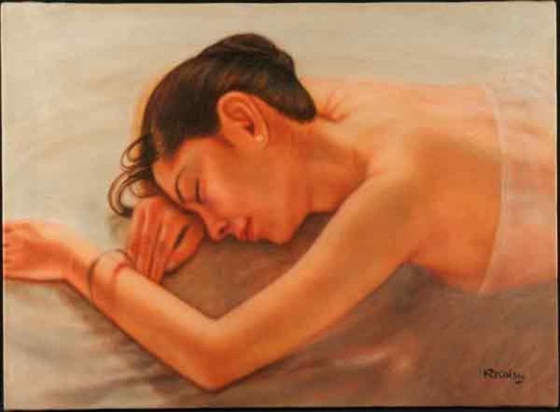 小磯良平　油彩　肉筆『バレリーナの休息』表と裏サイン　鑑定　P8　額無　b379