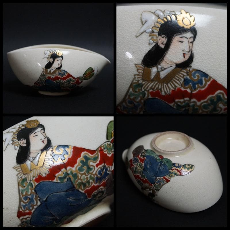 明治期 京薩摩金彩色絵『七福神』急須/湯冷まし/煎茶碗(五客) 素晴らしい絵付け