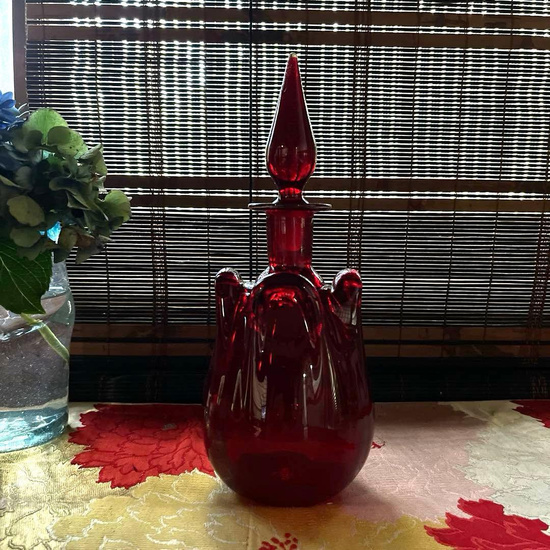 骨董　時代ガラス　銅赤被せガラス　古作　水差し　デカンタ カラフェ