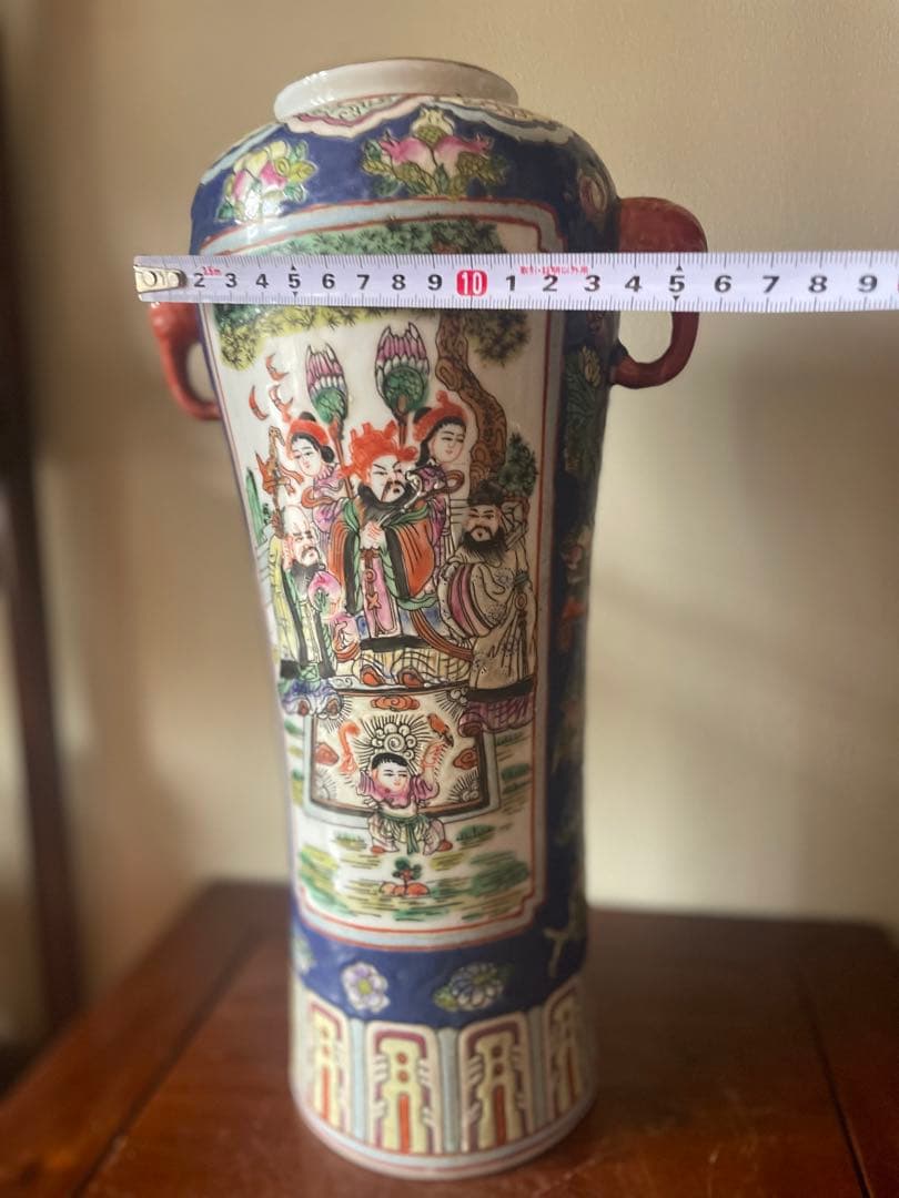 中国武神の図が描かれた双耳付きの人物花瓶 大清同治年製古董品 美術品