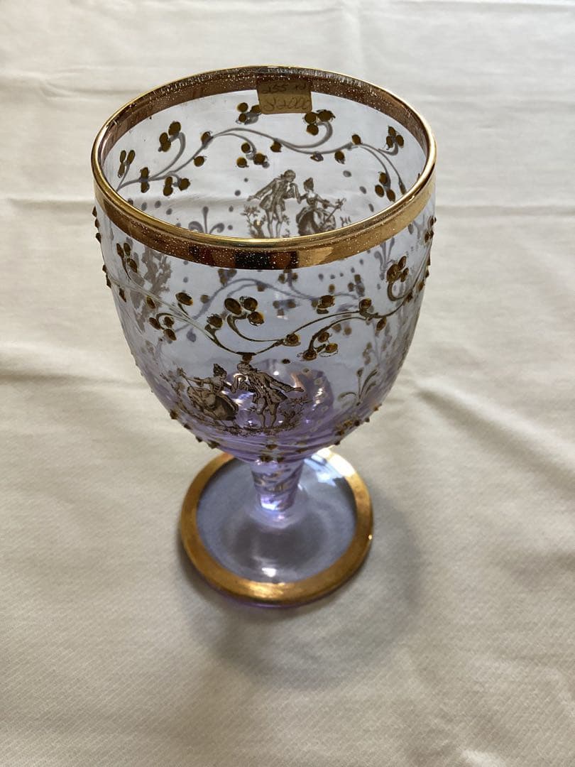 ヴィンテージ　リモージュワイングラス　金粒　紫色の高脚グラス 金色装飾　希少品