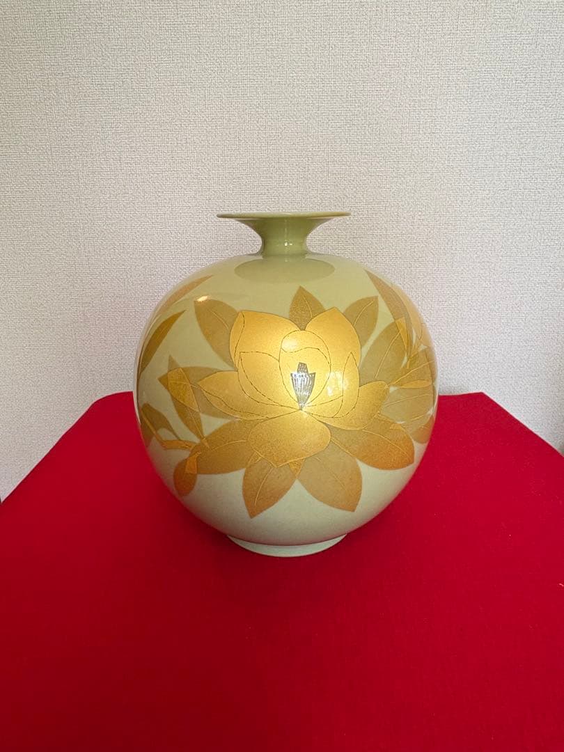 人間国宝 吉田美統『釉裏金彩 泰山木文 花瓶』Y35 共箱 共布 陶歴 立札付