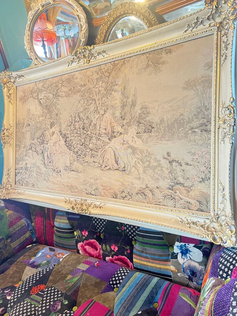 最大級フランス製 額装 金彩装飾縁 大判 ゴブラン織り 壁掛け