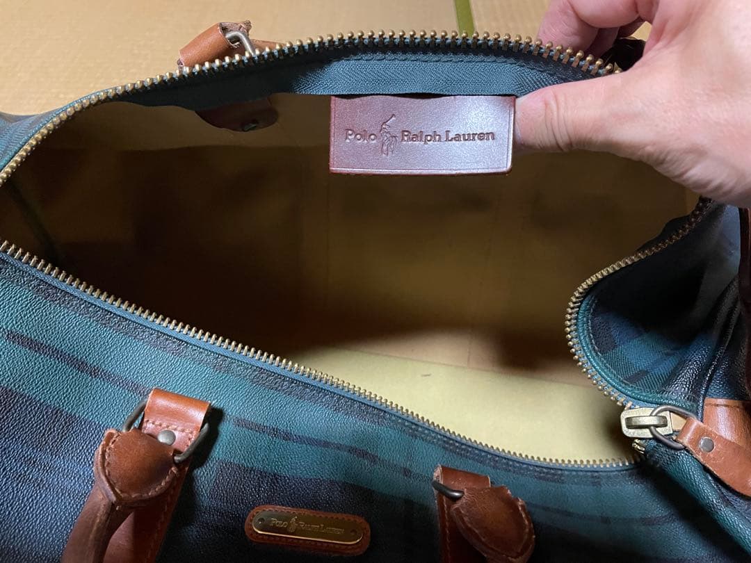 ポロラルフローレンボストンバッグ グリーン・ネイビー チェック柄