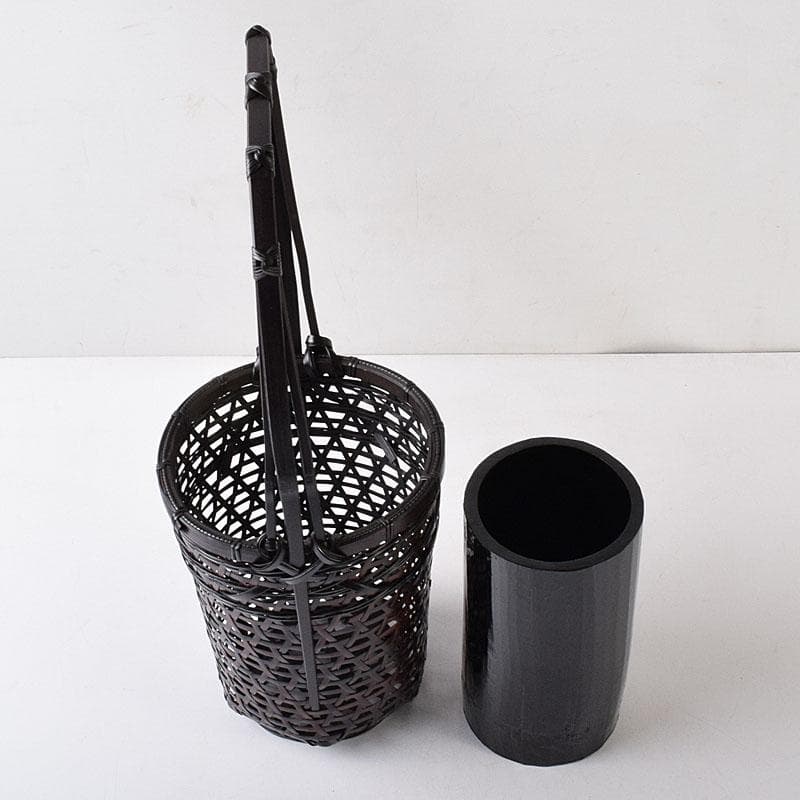 茶道具　伊藤賢一郎作　大和竹縄文花籠　共布共箱　V　R8712H