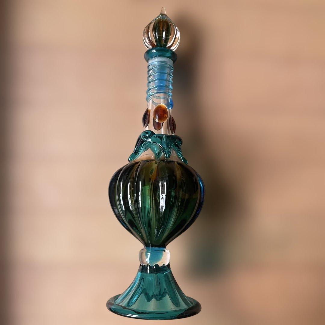 津軽びいどろ　装飾的な青緑色ガラスポット