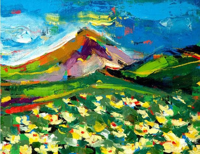 油絵 菅家令子 絵画インテリア額付(青緑＋金色の枠) F4-081011風景高原