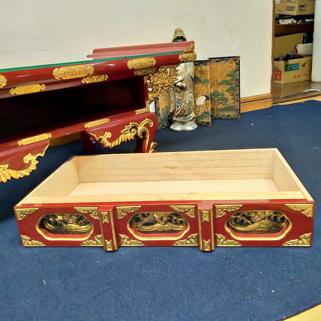 A729 経机 赤塗 朱塗 金箔鍍金 供物台 仏壇前机 木製 天板 ガラス付