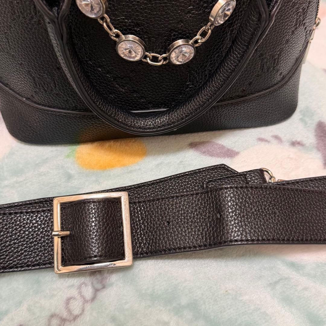 pium ピウム ビジュー付き モノグラムミニバッグ ブラック ベルト付き