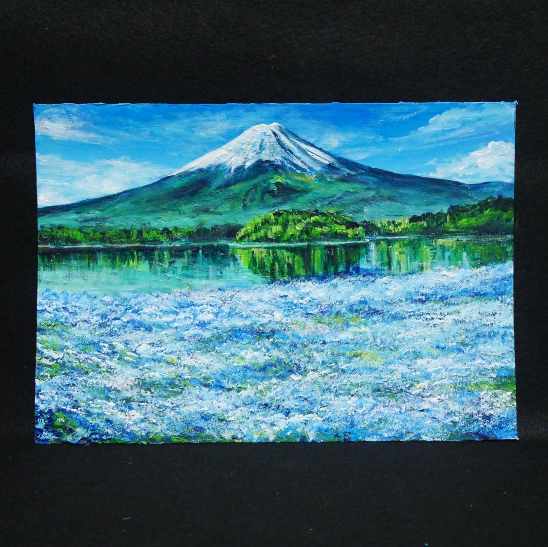 油絵 油彩 油彩画 絵 絵画 【ネモフィラと富士山】