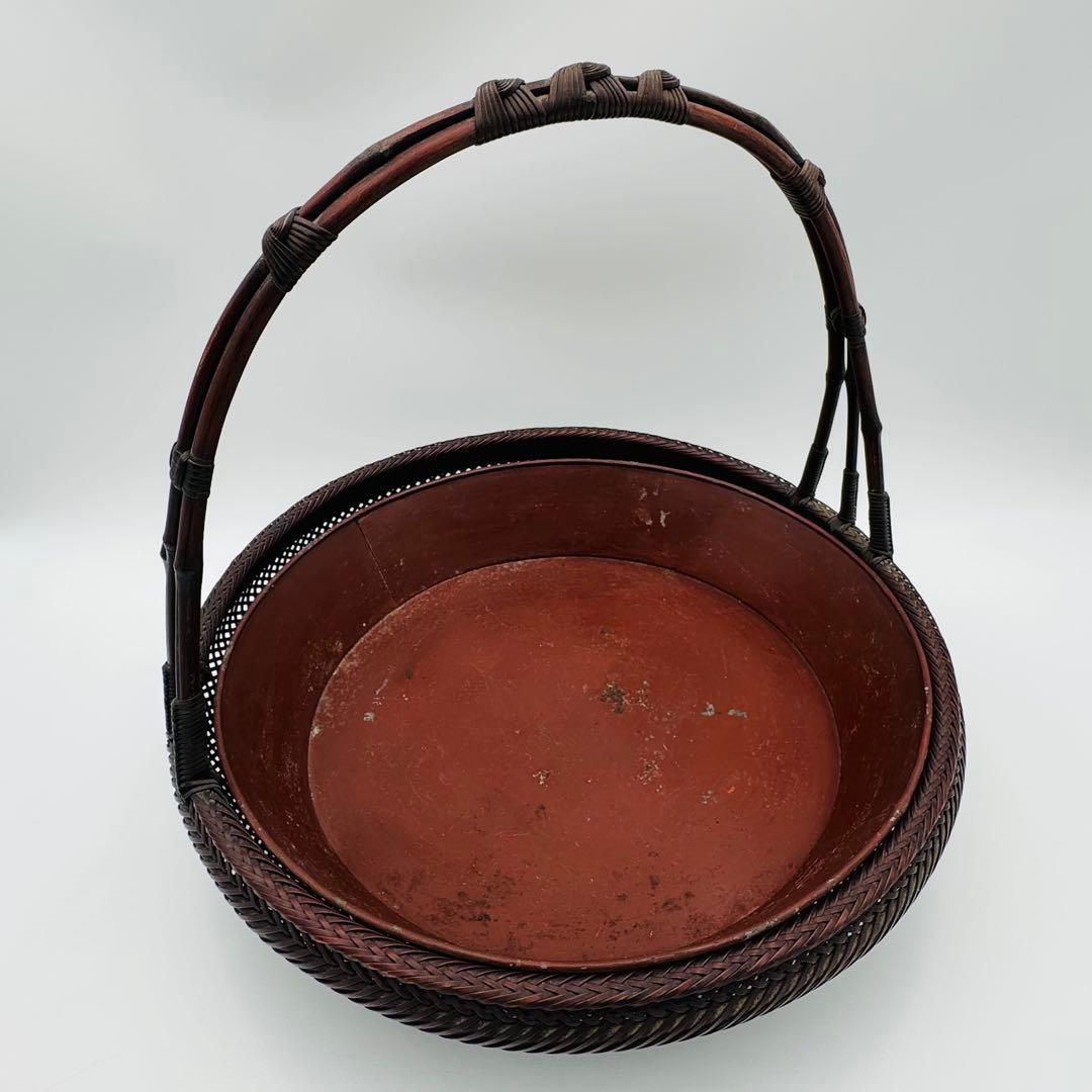 【竹旬斎在銘　花籠　銅製水盤】花器　花盛　竹細工　アンティーク