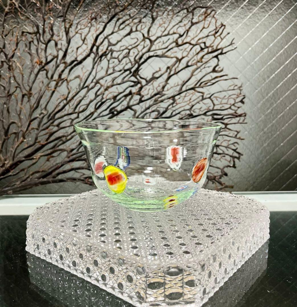 骨董　時代ガラス　超希少　花象嵌　反り口碗型　氷鉢　氷コップ　１客
