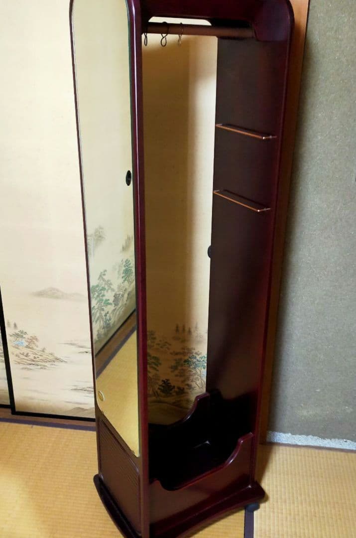 最終価格　希少　木製ハンガーラック　ミラー、キャスター付　最高級胴引　162cm