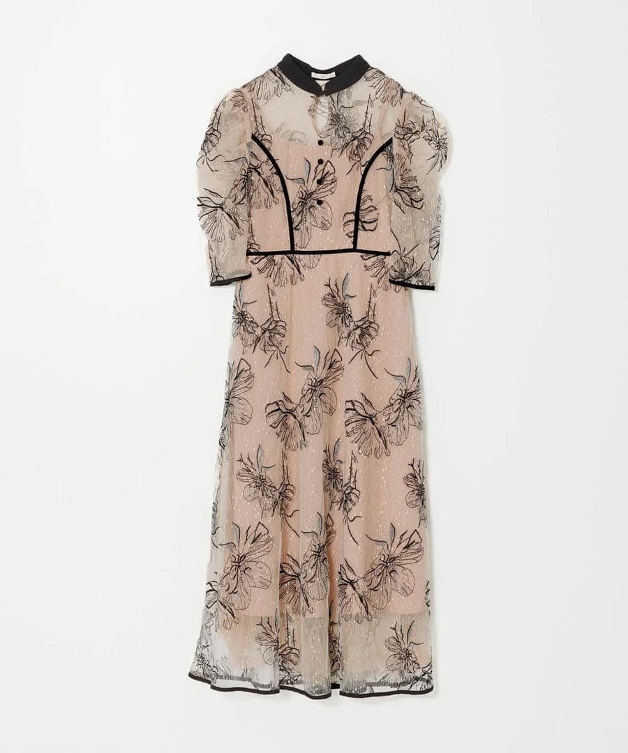 【美品】Leja 配色パイピングハイネック花柄ラメレースワンピースドレス