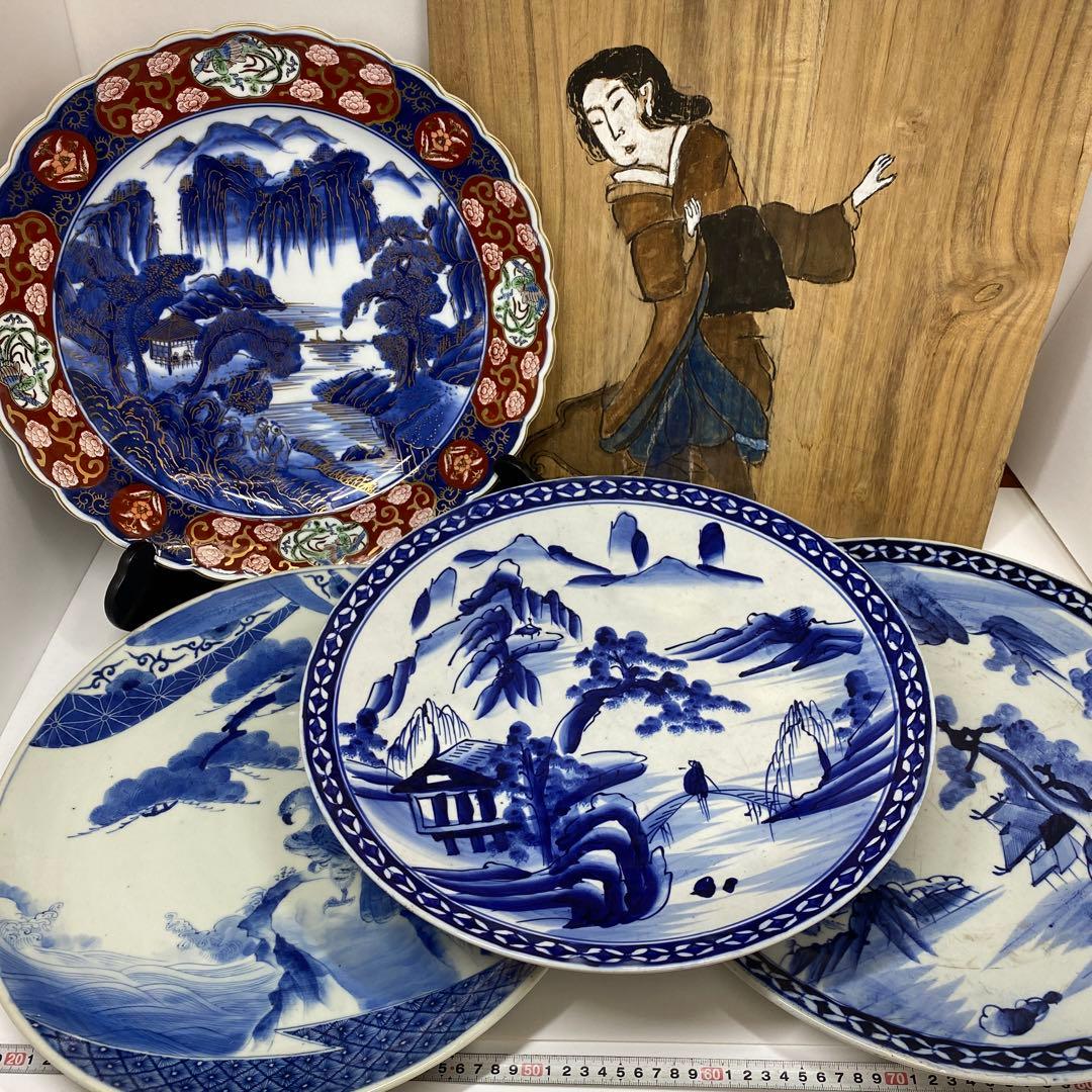 古伊万里　染錦　染付大皿4枚　美人画木箱付　タニコ　東さ7-0626⑥