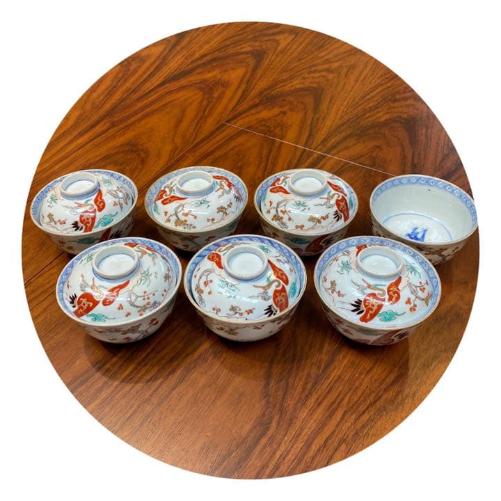 古伊万里　有田金彩上絵彩色飯茶碗蓋付き　 六客揃いと茶碗蓋無し一客