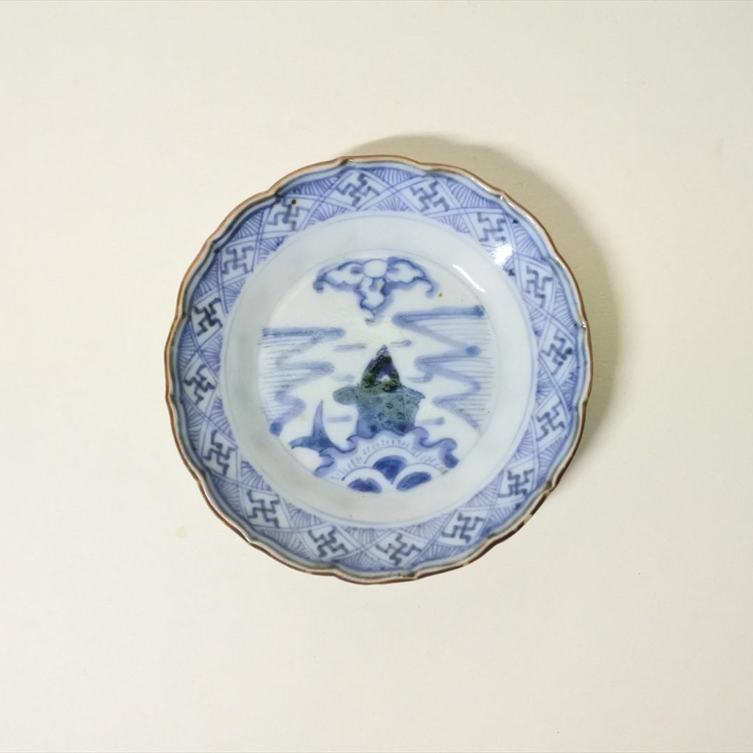江戸中期～後期　伊万里　染付　鯉　荒磯　小皿　２枚組　骨董品　アンティーク c
