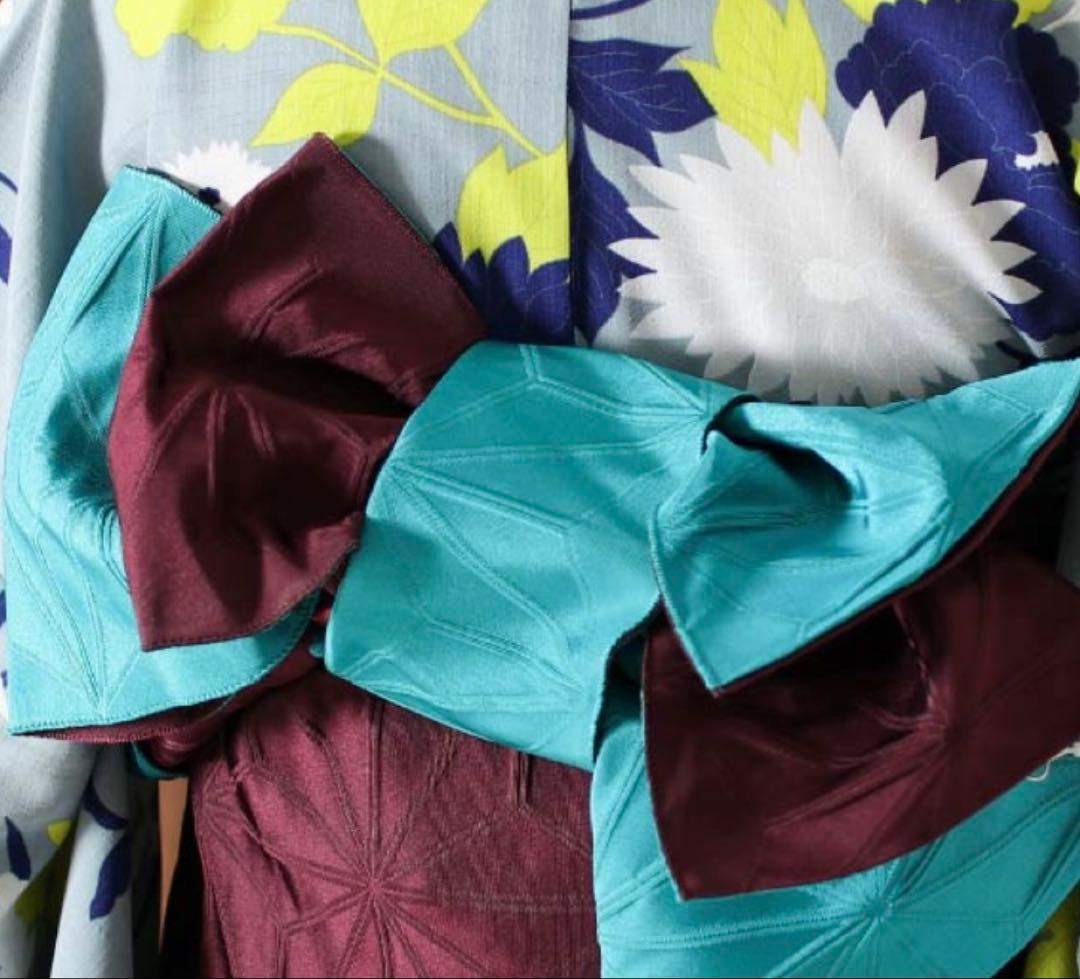 撫松庵 半幅帯 麻の葉 ボルドー×ターコイズ