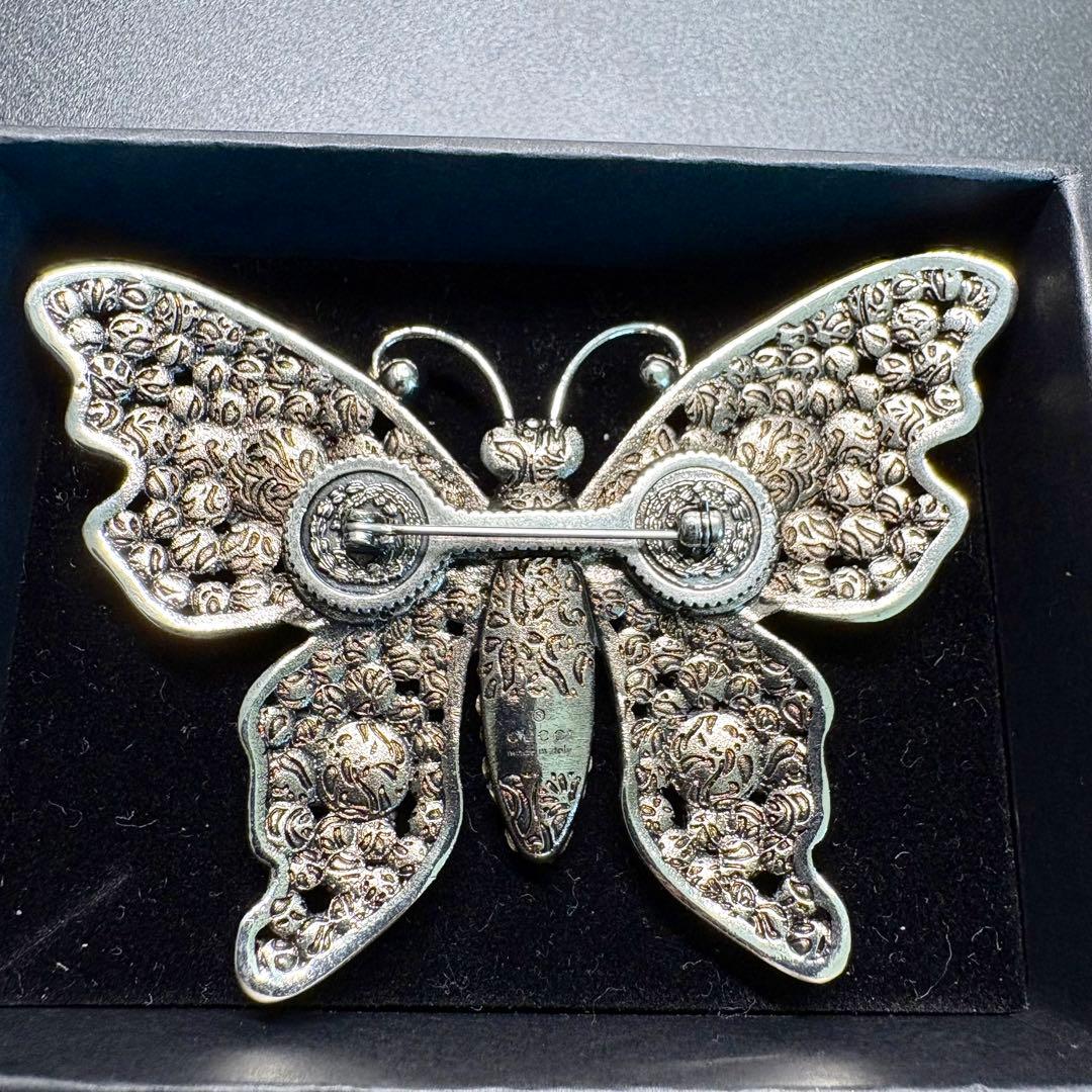 極美品✨グッチ ブローチ ラインストーン バタフライ 大ぶり シルバー