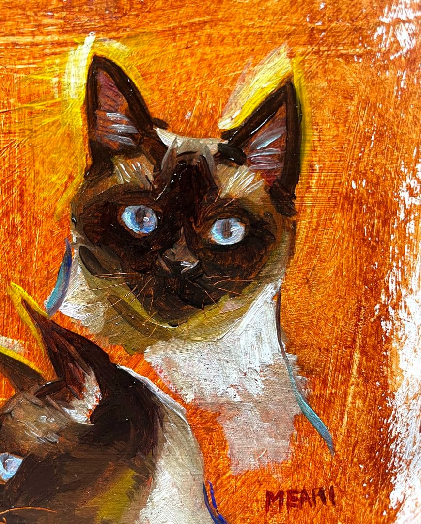 『青い目の兄弟』サイアミーズ　シャム猫　油絵　原画　絵画　一点物