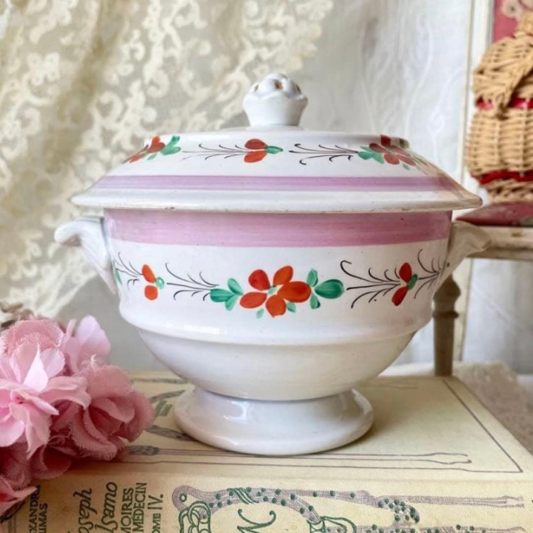 クレイユモントロー 花柄ブイヨンボウル スーピエール　フランスアンティーク