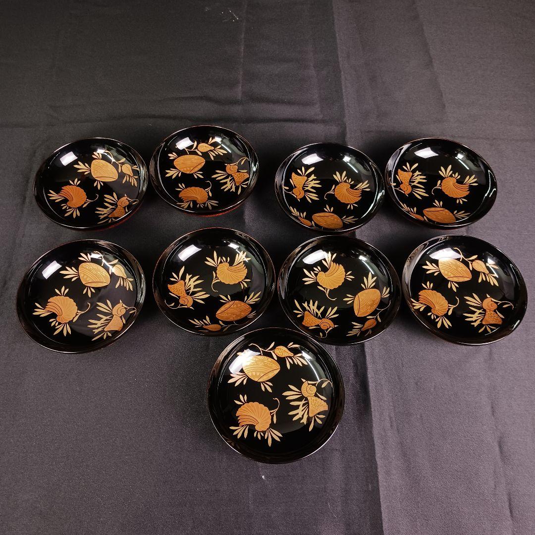 Y3112-1 漆器 貝づくし蒔絵 糸筋椀 9客 共箱