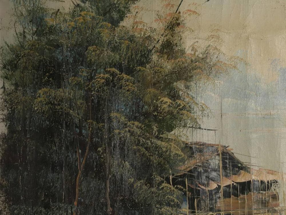 【絵】　★ 油画 東南アジア河岸風景図 ★　作家物　純手描き 真作保証　西洋書画