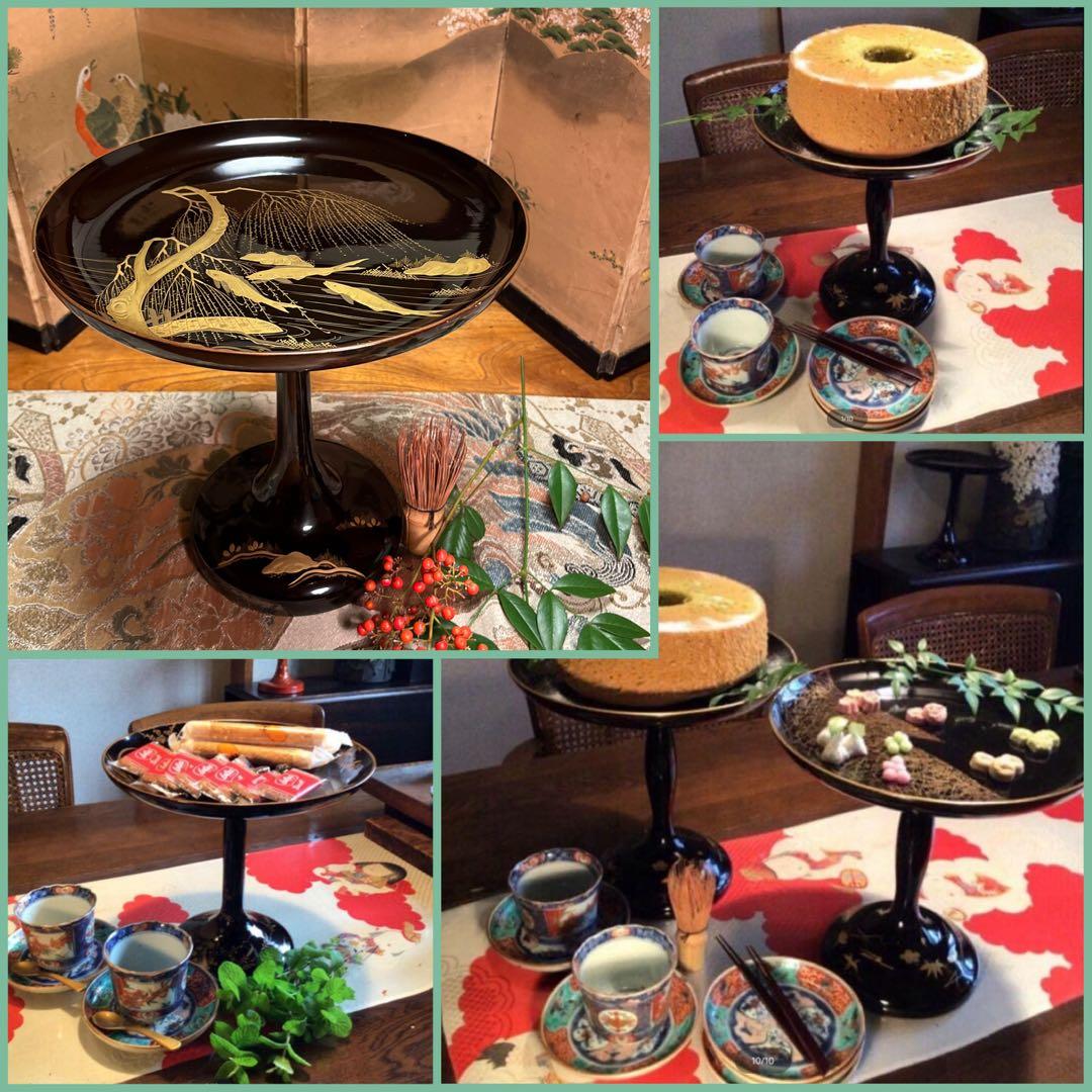 A1036 木製輪島塗　柳に鮎　金縁　蒔絵　高月　高杯　　1基（供箱付）