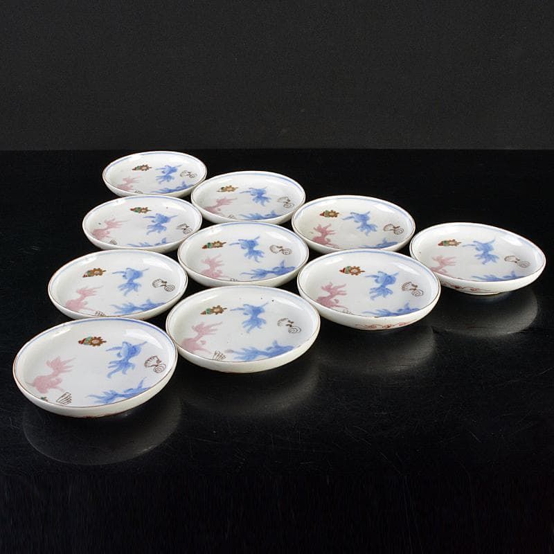 瀬戸焼　古瀬戸　染付桃釉　金魚文　手塩皿　十客　C　R7355