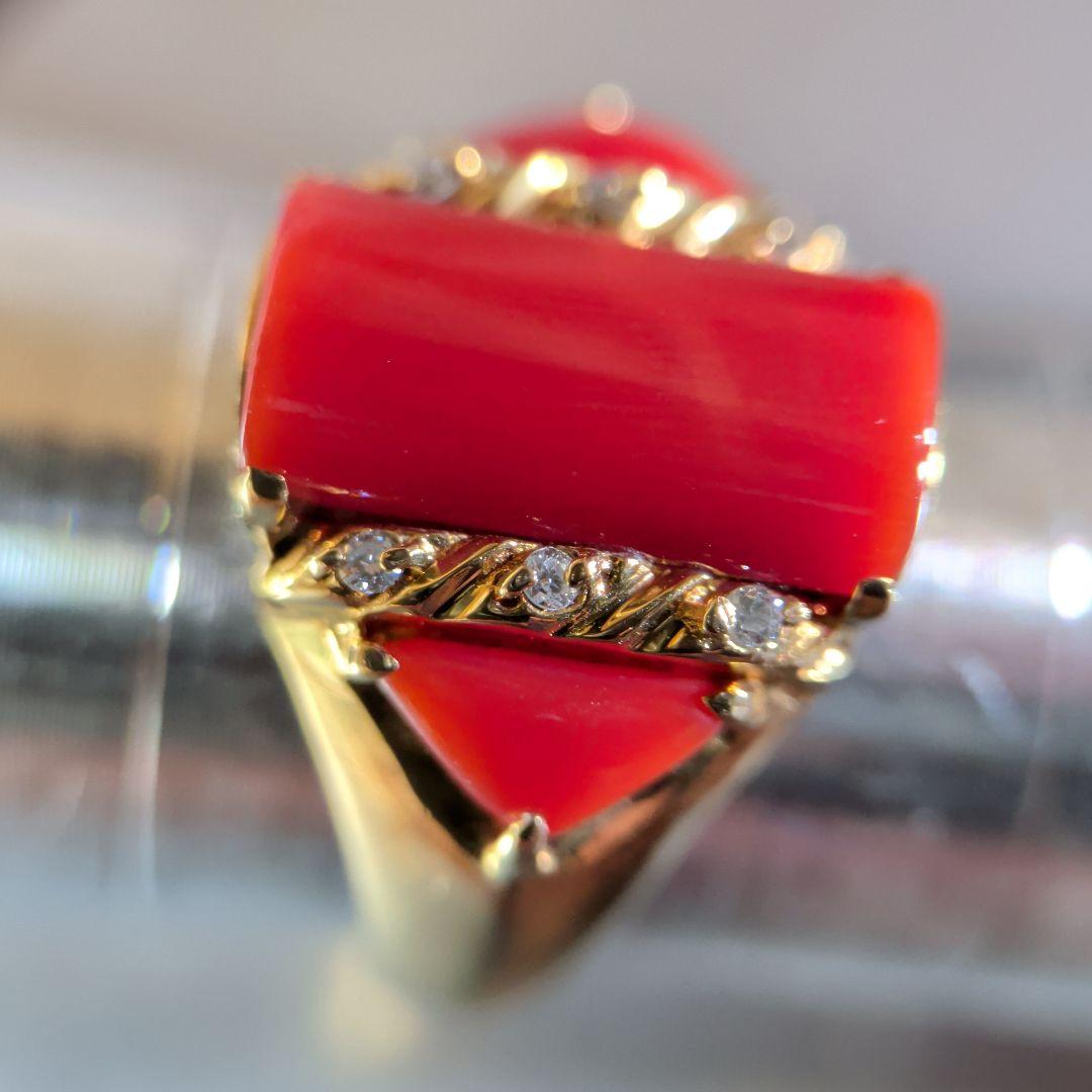 リング　K18　YG　珊瑚　ダイヤモンド計0.04ct　三越　5.53g