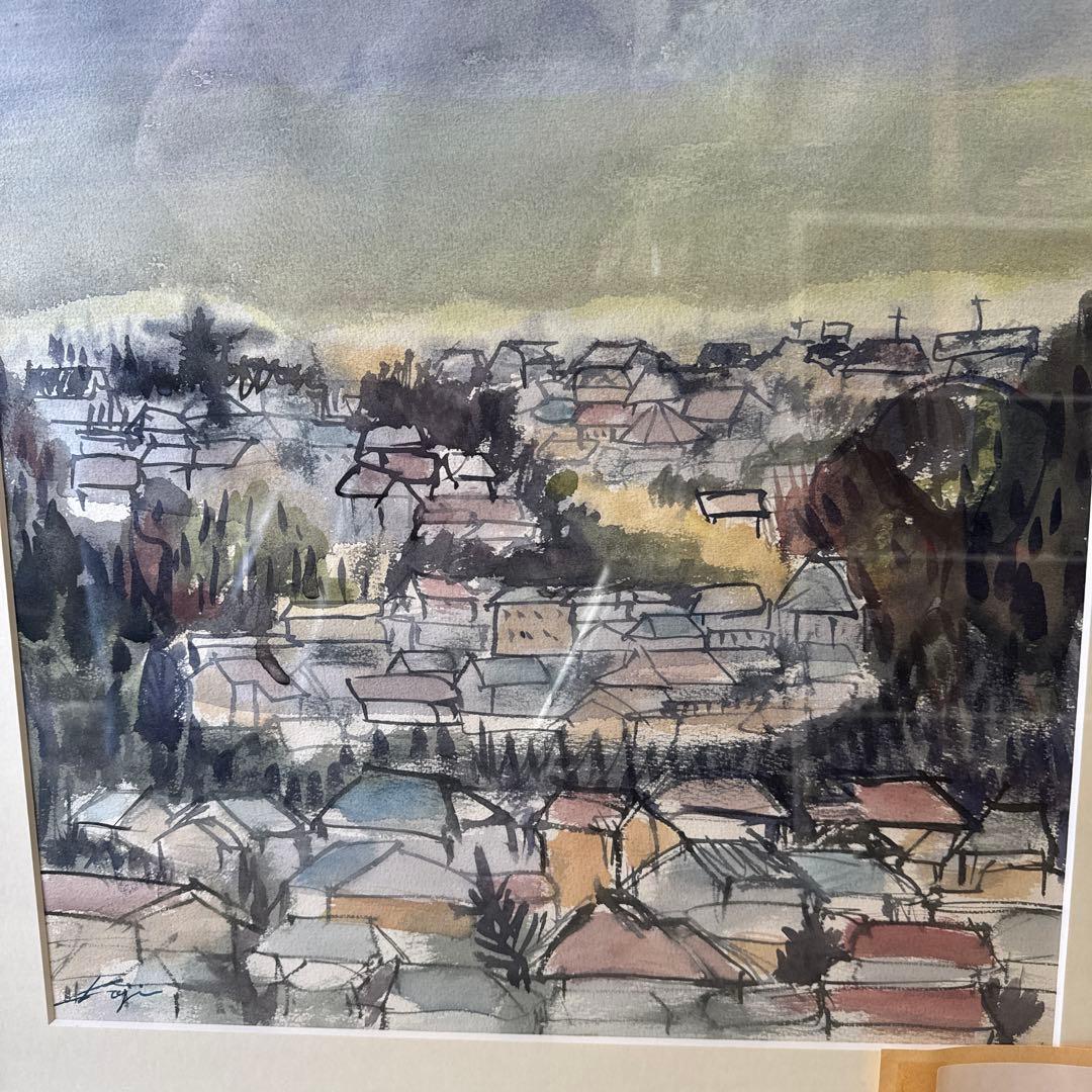 水彩画　全紙版　曇り空の横浜　白マット　アクリル入り