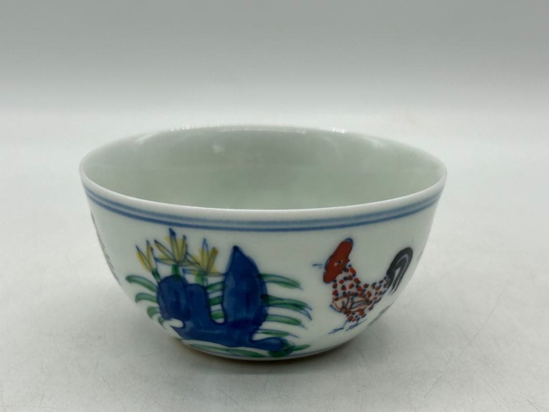 中国　とう彩　鳥模様湯呑み　大明成化年製銘　送料込み1029