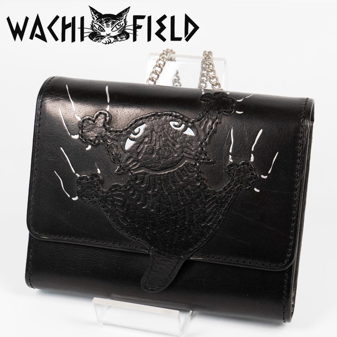 良品✨ わちふぃーるど ダヤン 本革 二つ折り財布 ブラック 刺繍 チェーン付