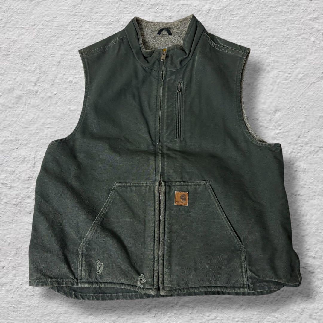カーハートダックベスト90sカーキvintage鬼フェード内ボア古着XLボロ