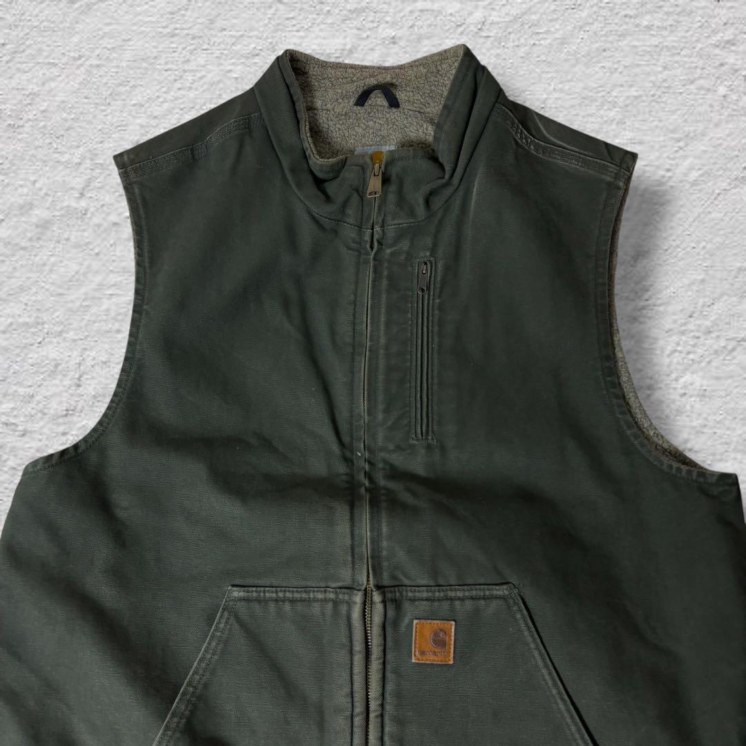 カーハートダックベスト90sカーキvintage鬼フェード内ボア古着XLボロ