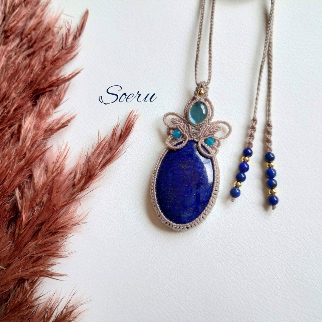 【ちーさん】ラピスラズリ＆ブルートパーズのマクラメ編みネックレス他