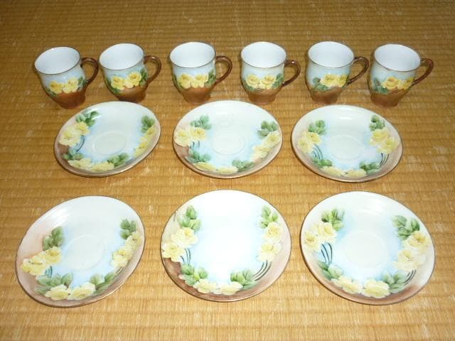 1900年頃ドイツ製◆初期 ババリア 黄色い薔薇 手書き カップ＆ソーサー6客組