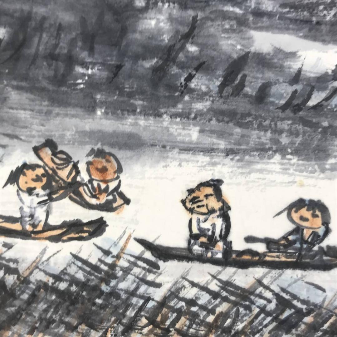 【真作】矢野鐵山/江邨漁楽/山水図/掛軸☆宝船☆AD-426