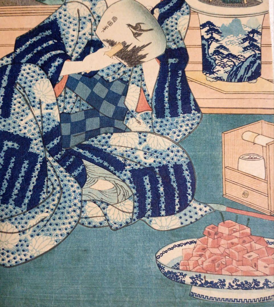 浮世絵版画、十二月の内水無月土用干三枚綴り真ん中1枚売り三代豊国画 有名スイカ絵