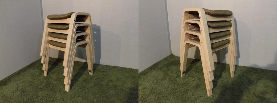 アウトレット★スタッキングスツール★4脚セット/ナチュラル枠（グリーン）