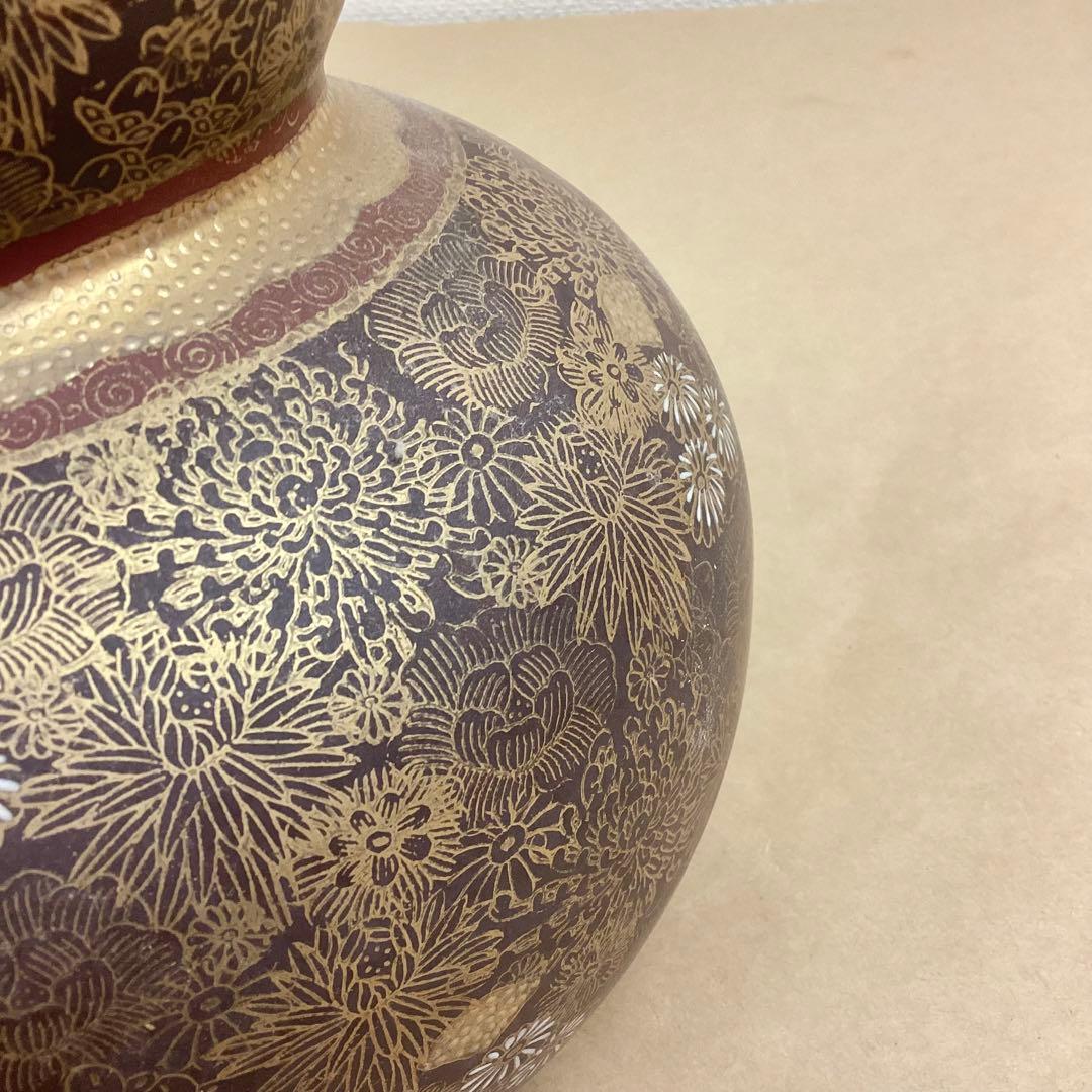 薩摩焼 連山 瓢箪型 金蘭手花尽文扇面花鳥風景図 飾り壺 高さ32cm