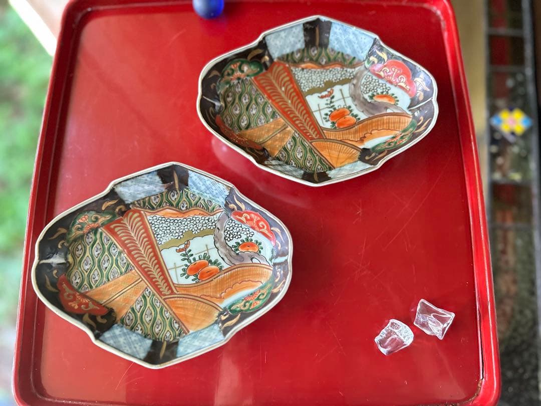 S様へ感謝お嫁入り‼️四季に麗し‼️伊万里錦手若松＆橙＆ふきよせ　兜菱形刺身皿 5客