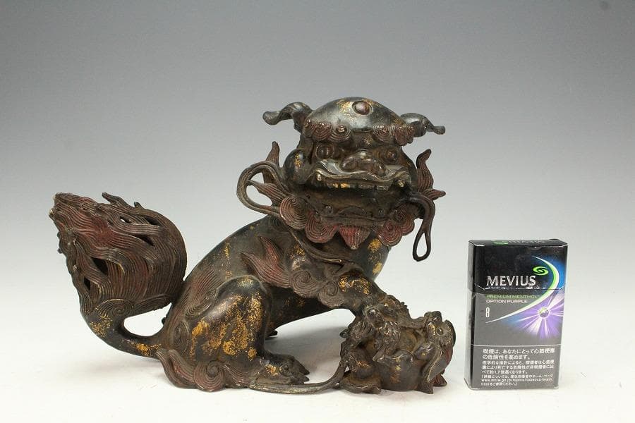 色絵銅 親子獅子 置物 24.5cmx14cm 時代物(K-XA771)