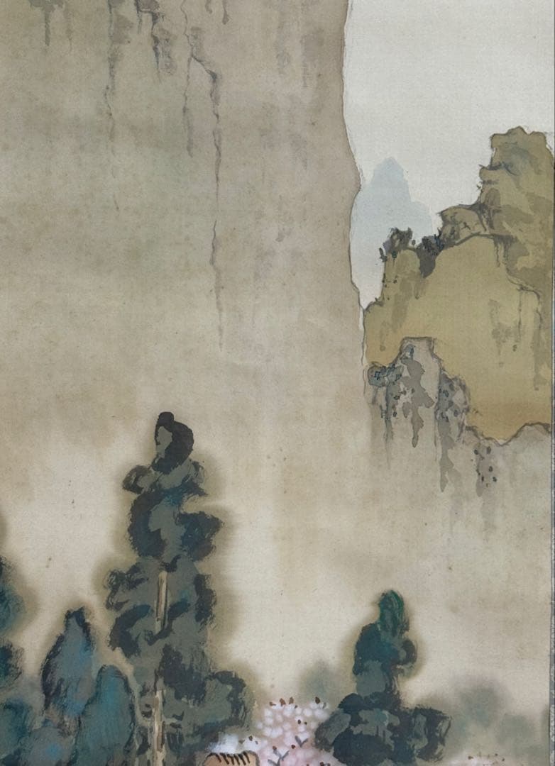 尾竹越堂筆　絹本肉筆　春景山水　共箱　掛軸　送料込み250622